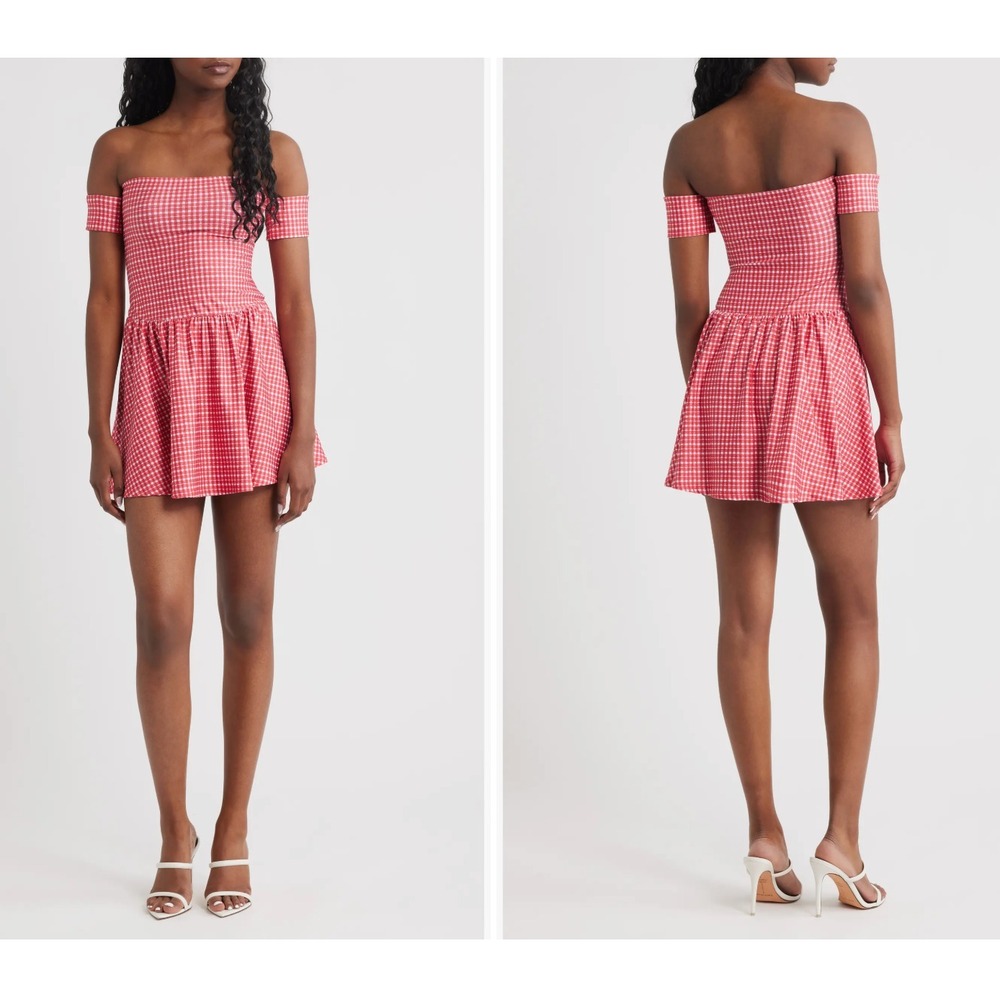 Bella Venice The Kat Off the Shoulder Minidress Red White Gingham Size L NEW